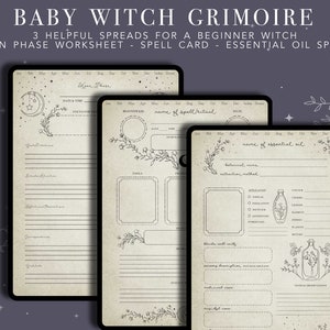 May include: Three printable pages for a baby witch grimoire, featuring a moon phase worksheet, a spell card, and an essential oil spread. Each page has a vintage aesthetic with floral illustrations and lined spaces for writing.