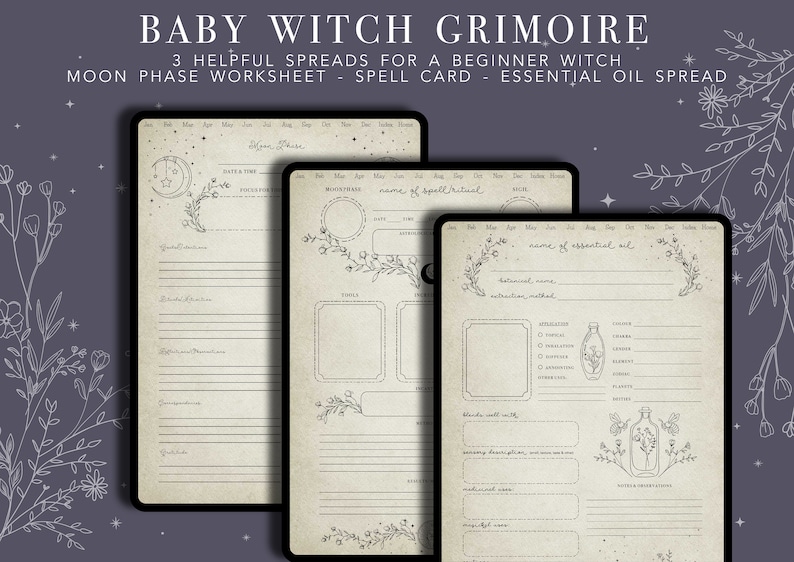May include: Three printable pages for a baby witch grimoire, featuring a moon phase worksheet, a spell card, and an essential oil spread. Each page has a vintage aesthetic with floral illustrations and lined spaces for writing.