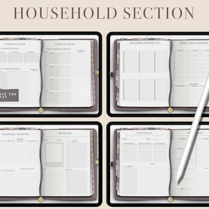 May include: A planner with a brown leather cover and gold accents. The planner is open to a page with the title "Household Section". The pages are divided into sections for cleaning, grocery shopping, meal planning, household inventory, recipes, and event planning.