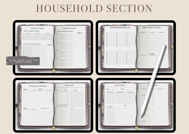 May include: A planner with a brown leather cover and gold accents. The planner is open to a page with the title "Household Section". The pages are divided into sections for cleaning, grocery shopping, meal planning, household inventory, recipes, and event planning.