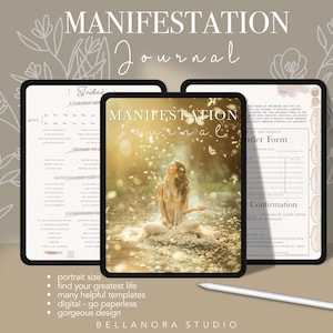 May include: A digital manifestation journal with a light pink background and a woman in a white dress sitting in a field of light. The journal includes a calendar, order form, and confirmation page. The text "MANIFESTATION Journal" is at the top of the page.