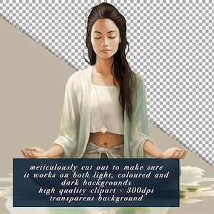 May include: A woman with long dark hair sits in a meditative pose with her eyes closed. She is wearing a white top and a light green cardigan. The image has a transparent background.