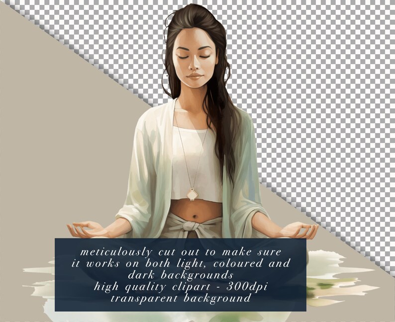 May include: A woman with long dark hair sits in a meditative pose with her eyes closed. She is wearing a white top and a light green cardigan. The image has a transparent background.