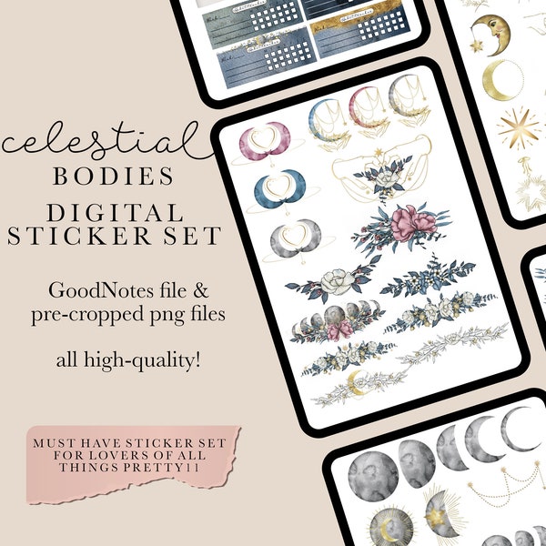 Celestial moon Digital Stickers,astrology stickers goodnotes,moon stickers for android,notability stickers,one note stickers,night skies png