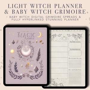 May include: A digital planner and grimoire for witches, featuring a purple cover with a crescent moon, stars, and leaves. The planner includes sections for weekly intentions, reflections, and spiritual goals.