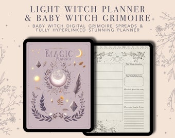 Puede incluir: Un planificador digital y un grimorio para brujas, con una portada morada con una luna creciente, estrellas y hojas. El planificador incluye secciones para intenciones semanales, reflexiones y objetivos espirituales.