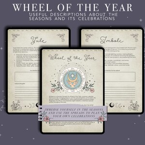 May include: A printable wheel of the year with illustrations of the moon and a hand holding a crescent moon. The wheel is divided into eight sections, each representing a different season. The text "Wheel of the Year" is written in a decorative font. The text "Yule" and "Imbolc" are written in a decorative font. The text "Immerse yourself in the seasons and use the spreads to plan your own celebrations" is written in a decorative font.