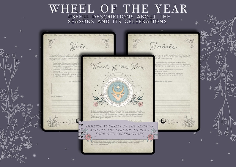 May include: A printable wheel of the year with illustrations of the moon and a hand holding a crescent moon. The wheel is divided into eight sections, each representing a different season. The text "Wheel of the Year" is written in a decorative font. The text "Yule" and "Imbolc" are written in a decorative font. The text "Immerse yourself in the seasons and use the spreads to plan your own celebrations" is written in a decorative font.