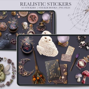 May include: Digital art featuring a collection of realistic stickers with a mystical theme. The stickers include a raven, owl, cauldron, crystal ball, spell books, mushrooms, and a fairy. The text at the top reads "REALISTIC STICKERS".