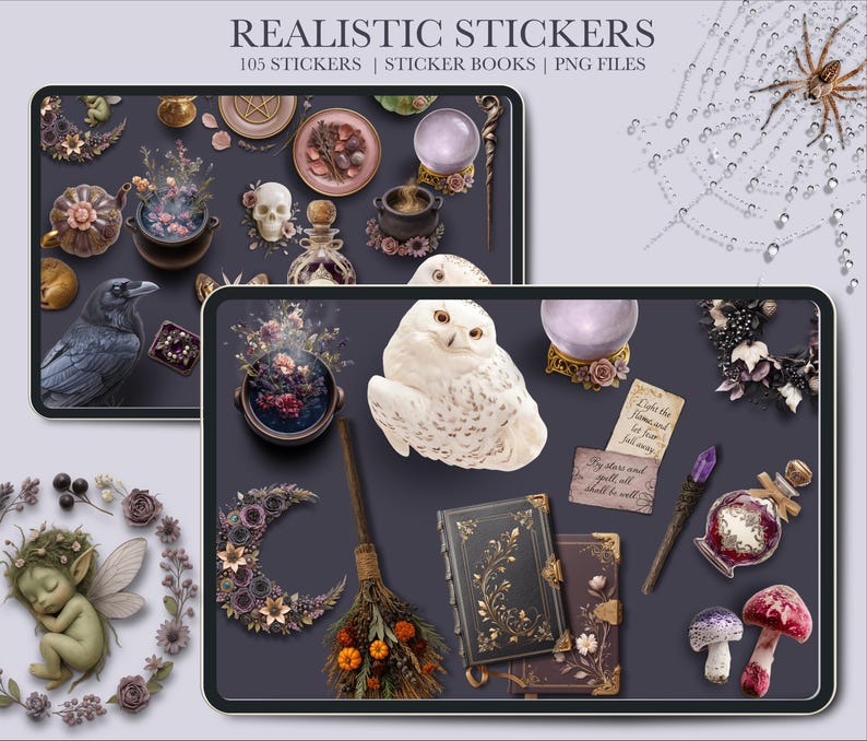 May include: Digital art featuring a collection of realistic stickers with a mystical theme. The stickers include a raven, owl, cauldron, crystal ball, spell books, mushrooms, and a fairy. The text at the top reads "REALISTIC STICKERS".