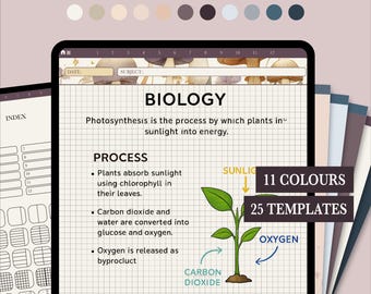 May include: Digital notebook for iPad and Android with 484 hyperlinked pages, 11 unique designs, and 25 templates. The notebook features a biology section with diagrams and fun facts about photosynthesis. Includes a colour palette.