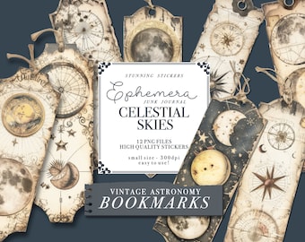 Celestial Moons Ephemera Digital bookmarks for Digital Planners, Digital Moon Stickers, Lunar Phases Junk Journal, GoodNotes Moon Stickers