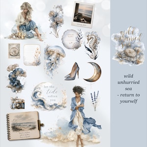 May include: A digital collection of watercolor illustrations featuring two figures, a seahorse, a jellyfish, a crescent moon, high heels, a camera, a notebook, and floral elements. Text includes "morning peace," "hours slept," "let the tide soften you," and "wild unhurried sea - return to yourself."