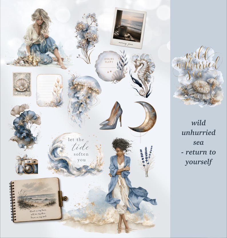 May include: A digital collection of watercolor illustrations featuring two figures, a seahorse, a jellyfish, a crescent moon, high heels, a camera, a notebook, and floral elements. Text includes "morning peace," "hours slept," "let the tide soften you," and "wild unhurried sea - return to yourself."