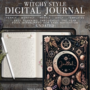 Puede incluir: Un diario digital con una portada negra que presenta una luna creciente dorada, estrellas e ilustraciones botánicas. El texto "My Journal" está escrito en letras doradas. El diario incluye plantillas anuales, mensuales, semanales y diarias.