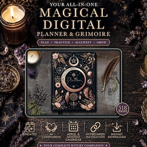 May include: A digital planner and grimoire featuring a dark cover with rose gold celestial motifs, including a central moon, stars, and floral elements. The cover displays the text My Planner. It includes 518 pages, hyperlinked navigation, and undated layouts for planning, practice, manifestation, and growth.