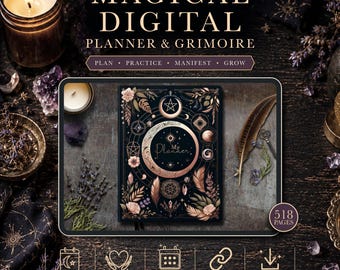May include: A digital planner and grimoire featuring a dark cover with rose gold celestial motifs, including a central moon, stars, and floral elements. The cover displays the text My Planner. It includes 518 pages, hyperlinked navigation, and undated layouts for planning, practice, manifestation, and growth.