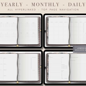 May include: Four open notebooks with different page layouts, including yearly, monthly, and daily views. The notebooks have a brown leather cover and a gold metal clasp. The text "YEARLY - MONTHLY - DAILY" and "ALL HYPERLINKED - TOP PAGE NAVIGATION" is visible at the top of the image. The text "AUTHENTIC HANDDRAWN REALISTIC BOOK VIBE" is visible at the bottom of the image.
