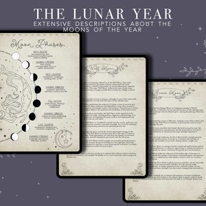 May include: A digital planner with illustrations of the moon phases and descriptions of the Wolf Moon and Snow Moon. The text includes the names of the moon phases, such as "New Moon", "Waxing Crescent", "First Quarter", "Waxing Gibbous", "Full Moon", "Waning Gibbous", "Last Quarter", and "Waning Crescent".