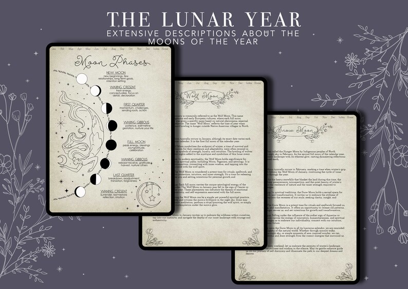 May include: A digital planner with illustrations of the moon phases and descriptions of the Wolf Moon and Snow Moon. The text includes the names of the moon phases, such as "New Moon", "Waxing Crescent", "First Quarter", "Waxing Gibbous", "Full Moon", "Waning Gibbous", "Last Quarter", and "Waning Crescent".