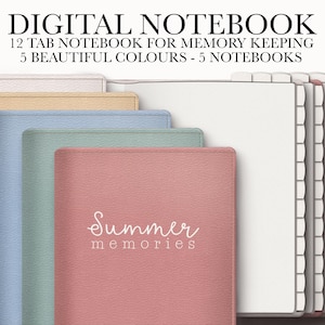 Puede incluir: Cuadernos digitales en colores pastel, rosa, azul y beige. La imagen muestra cuadernos con pestañas y el texto "DIGITAL NOTEBOOK" y "Summer memories".