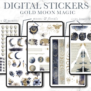 May include: Digital stickers with a gold moon and floral theme. The stickers include dates, days, months, moons, florals, script, borders, and ripped paper.