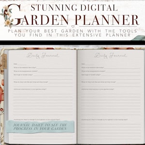 Puede incluir: Un planificador de jard&iacute;n digital con un dise&ntilde;o floral. El planificador incluye una secci&oacute;n de diario diario con indicaciones para registrar el clima, la temperatura y las observaciones. El texto en la p&aacute;gina dice "Diario diario para ver el progreso en tu jard&iacute;n."