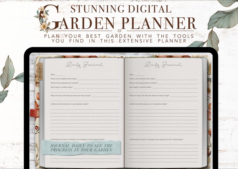 Puede incluir: Un planificador de jard&iacute;n digital con un dise&ntilde;o floral. El planificador incluye una secci&oacute;n de diario diario con indicaciones para registrar el clima, la temperatura y las observaciones. El texto en la p&aacute;gina dice "Diario diario para ver el progreso en tu jard&iacute;n."