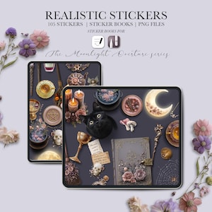 May include: Digital stickers with a mystical theme. The image displays two tablets with stickers of a black cat, candles, a crescent moon, and a book. The text reads "REALISTIC STICKERS" and "The Moonlight Overture series".
