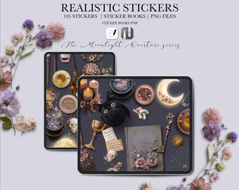 Puede incluir: Pegatinas digitales con temática mística. La imagen muestra dos tabletas con varias pegatinas, incluyendo un gato negro, velas, una luna creciente y un libro. El texto dice "REALISTIC STICKERS" y "The Moonlight Overture series".