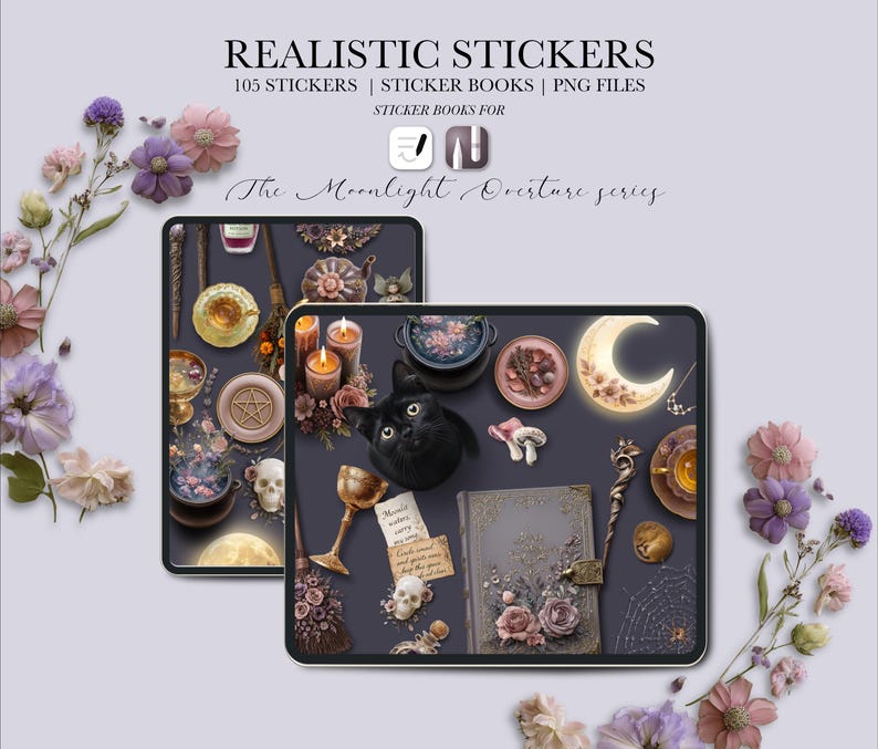 May include: Digital stickers featuring a mystical theme. The image shows two tablets with various stickers, including a black cat, candles, a crescent moon, and a book. The text reads "REALISTIC STICKERS" and "The Moonlight Overture series".