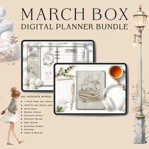 May include: Digital planner bundle with the text "MARCH BOX DIGITAL PLANNER BUNDLE". The image shows two digital tablets with planner pages, a cup of tea, headphones, and a notebook. The bundle includes stickers, spreads, and journaling prompts.