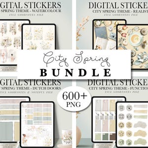 May include: A digital sticker bundle featuring four different city spring themes: watercolor, realistic, Dutch doors, and functional. The bundle includes over 600 PNG stickers, perfect for digital planners and note-taking apps.