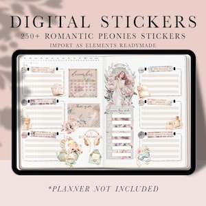 2025 2026 Stickers numériques pivoines romantiques, livre d'autocollants féminin Goodnotes, Stickers Android de tous les jours, Stickers Notability, Stickers Notes