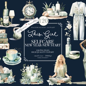 May include: A watercolor illustration set of 120 images featuring self-care themes. The set includes images of candles, bath products, suitcases, a yoga pose, a cup of coffee, and a woman meditating. The text "This Girl Selfcare New Year-New Start" is included in the image.
