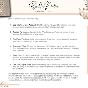 Puede incluir: Un dise&ntilde;o floral blanco y rosa con una tetera y una taza sobre una pila de libros. El texto "Bella Nora Creative Studio" est&aacute; en la parte superior de la imagen. El texto "How to download your files from Etsy" est&aacute; en la parte superior de la p&aacute;gina. El texto a continuaci&oacute;n explica c&oacute;mo descargar archivos digitales de Etsy.