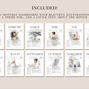 May include: A set of twelve monthly dashboards with illustrations. Each dashboard features a month's name, a number, and a watercolor illustration. The text "INCLUDED!" is at the top.