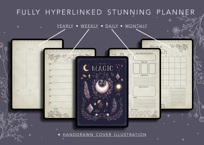 May include: A digital planner with a dark blue cover featuring a crescent moon, stars, and the word "MAGIC". The planner includes yearly, weekly, daily, and monthly views.