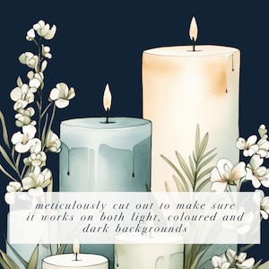 May include: Three candles with dripping wax, two are blue and one is beige, surrounded by white flowers and green leaves on a dark blue background.  "meticulously cut out to make sure it works on both light, coloured and dark backgrounds"