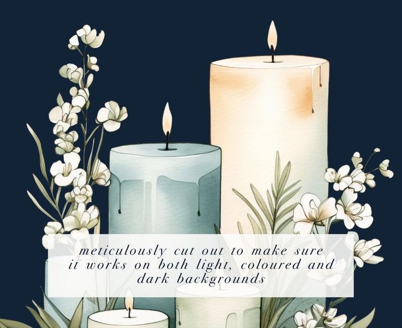 May include: Three candles with dripping wax, two are blue and one is beige, surrounded by white flowers and green leaves on a dark blue background.  "meticulously cut out to make sure it works on both light, coloured and dark backgrounds"