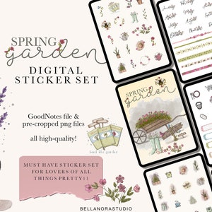 Garten GoodNotes Digitale Aufkleber, Frühling Alltagsjournal Aufkleber, saisonale funktionale Blumenaufkleber, vorgeschnittenes GoodNotes-Aufkleberbuch