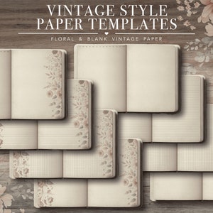 May include: Vintage style paper templates with floral and blank designs. The image shows several open notebooks with aged paper, some with floral corner accents. The notebooks are arranged on a wooden surface, creating a rustic aesthetic.