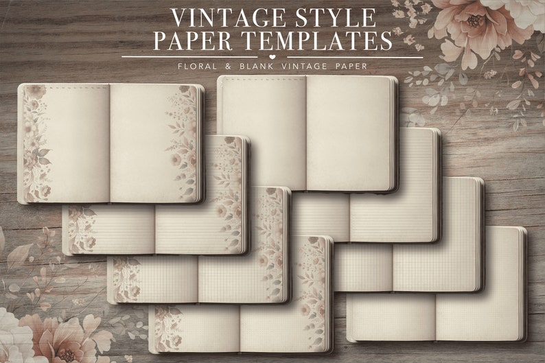 May include: Vintage style paper templates with floral and blank designs. The image shows several open notebooks with aged paper, some with floral corner accents. The notebooks are arranged on a wooden surface, creating a rustic aesthetic.