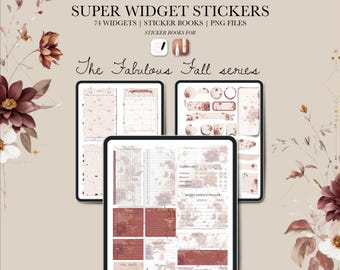 May include: Digital planner stickers with a fall theme. The image shows three tablets displaying various sticker designs, including calendars, trackers, and decorative elements. The text reads "Super Widget Stickers" and "The Fabulous Fall series."