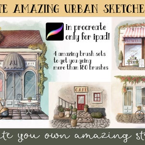 Puede incluir: Cuatro ilustraciones digitales de escaparates en estilo acuarela. Las ilustraciones presentan una cafetería, una floristería, una cafetería con una escalera y una tienda con una bicicleta. El texto "CREATE AMAZING URBAN SKETCHES" está en la parte superior de la imagen. El texto "in procreate only for ipad!" está en el centro de la imagen. El texto "4 amazing brush sets to get you going more than 180 brushes" está debajo del texto "in procreate only for ipad!" El texto "create you own amazing street" está en la parte inferior de la imagen.