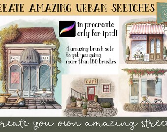 May include: Four digital illustrations of storefronts in a watercolor style. The illustrations feature a cafe, a flower shop, a cafe with a staircase, and a shop with a bicycle. The text "CREATE AMAZING URBAN SKETCHES" is at the top of the image. The text "in procreate only for ipad!" is in the center of the image. The text "4 amazing brush sets to get you going more than 180 brushes" is below the text "in procreate only for ipad!" The text "create you own amazing street" is at the bottom of the image.