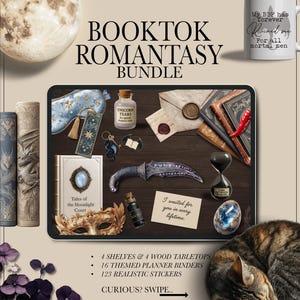 May include: A BookTok Romantasy bundle featuring a collection of fantasy-themed items. Includes a mug, books, a dagger, a mask, a sleep mask, and a small bottle labeled "Unicorn Tears." The bundle also includes stickers and planner binders.