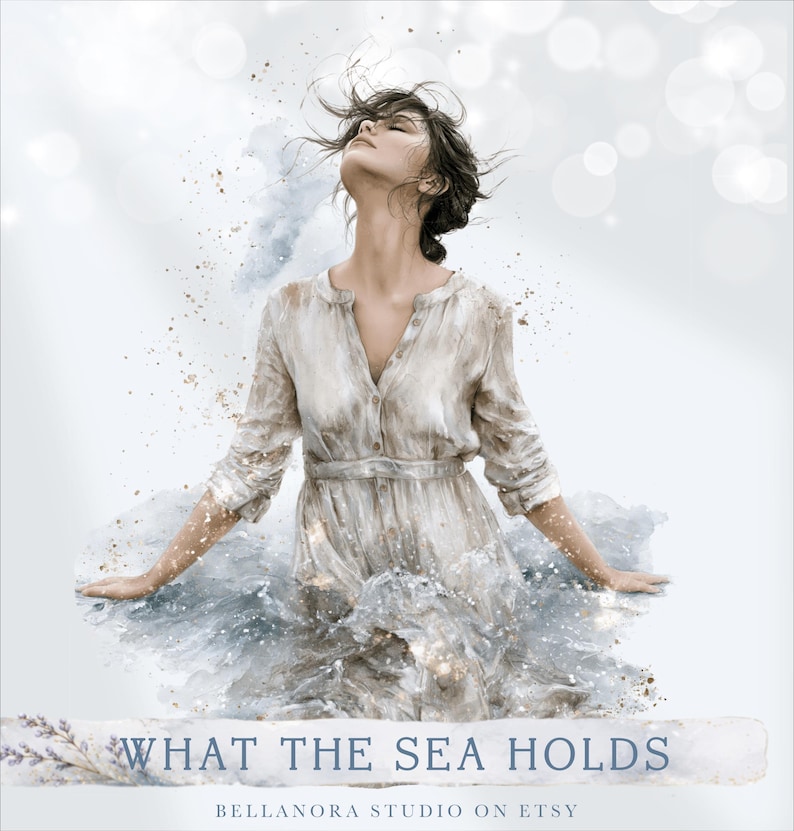 May include: A digital illustration of a person with windblown hair wearing a beige button-down dress, partially submerged in swirling blue and white water with gold flecks. The text reads WHAT THE SEA HOLDS and BELLANORA STUDIO ON ETSY.