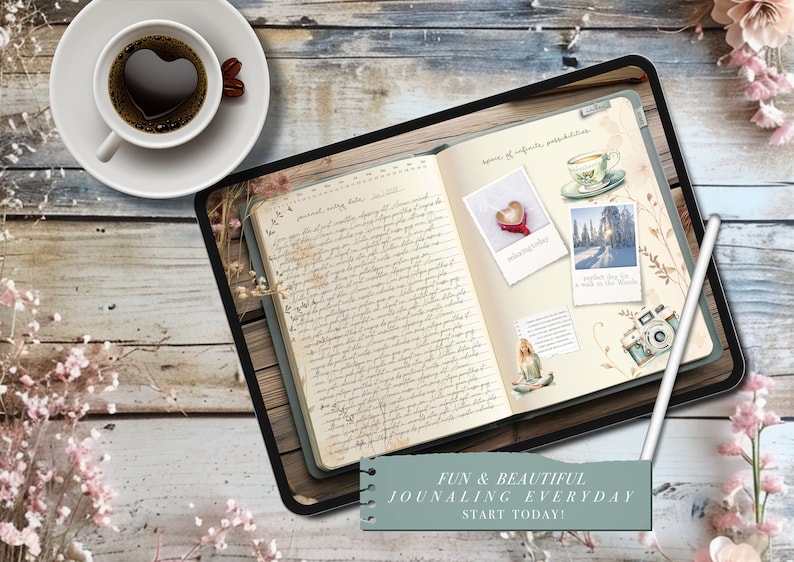May include: A digital tablet displaying an open journal with handwritten notes and decorative stickers. The journal is on a wooden surface with a cup of coffee and flowers.