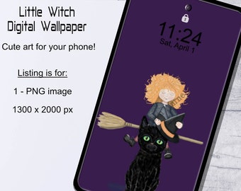 Little Witch & Black Cat Phone Wallpaper PNG | Digital Download Cell Phone Background